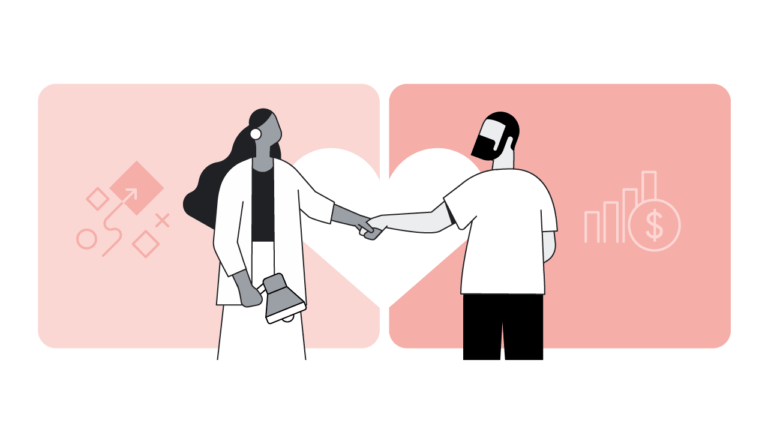 Illustration of a woman and man shaking hands with a heart in the background. The woman holds a megaphone, while the man stands with graphs and a dollar sign beside him, symbolizing collaboration in marketing and finance.