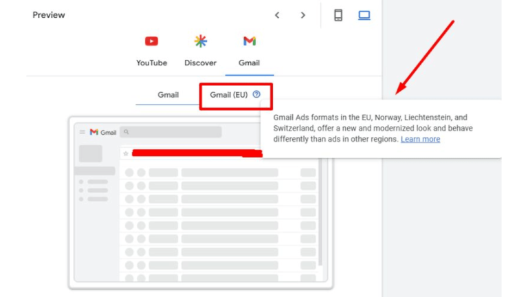 Screenshot of a Gmail Ads Preview in Google Ads, featuring the Gmail (EU) tab. A tooltip reveals that Gmail ads formats in the EU, Norway, Liechtenstein, and Switzerland have an updated look unique to these regions. Click "Learn more" for details.