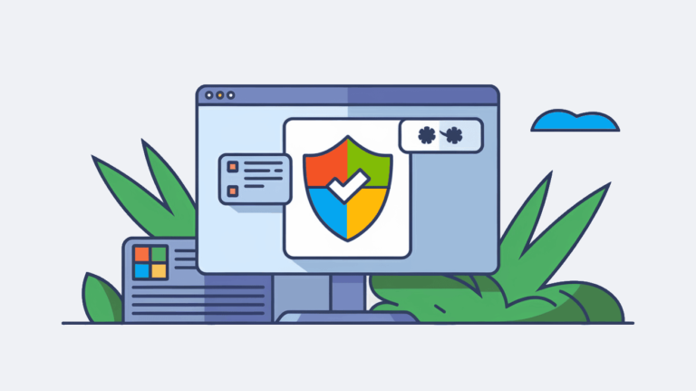 A computer monitor displays a shield icon with a checkmark, symbolizing security, much like the reassurance of Microsoft Advertising's reliable services. The setup is surrounded by green plants, a mobile device with a grid of apps on the left, and a small cloud icon in the sky.