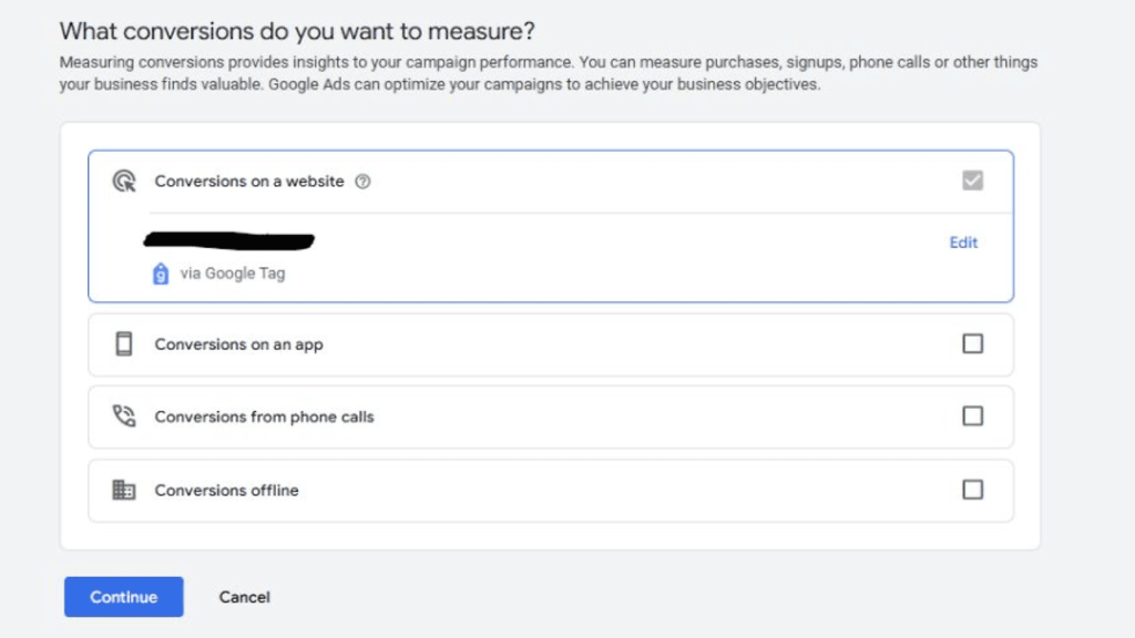 Screenshot of a Google Ads conversion setup page asking, "What conversions do you want to measure?" Options include "Conversions on a website," "Conversions on an app," "Conversions from phone calls," and "Conversions offline." This no-code setup is completed by clicking the "Continue" button below.