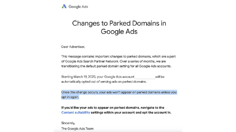 Screenshot of an email from Google Ads titled "Changes to Parked Domains in Google Ads." It informs advertisers that from March 9, 2023, ads will automatically opt out of showing on parked domains unless manually opted in. Instructions for opting in are included.