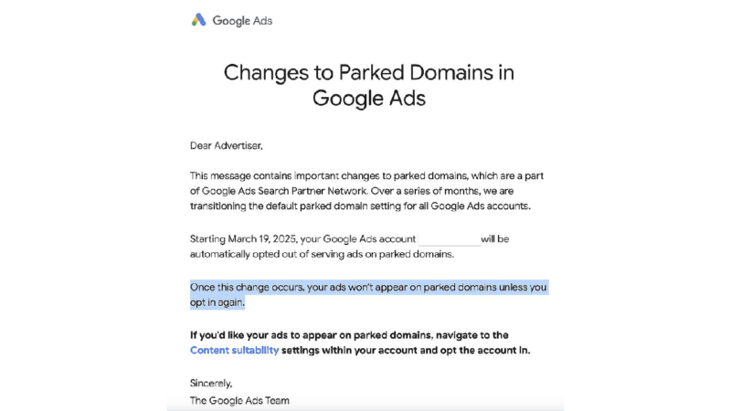 Screenshot of an email from Google Ads titled "Changes to Parked Domains in Google Ads." It informs advertisers that from March 9, 2023, ads will automatically opt out of showing on parked domains unless manually opted in. Instructions for opting in are included.