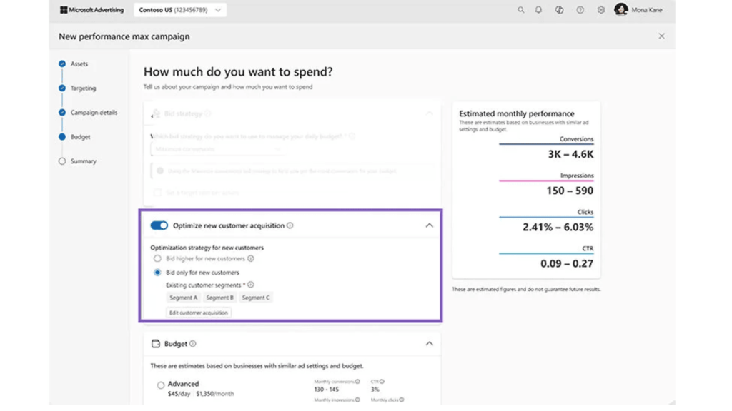 Screenshot of a Microsoft Advertising interface titled "New Performance Max Campaign." It displays options for optimizing new customer acquisition and budget allocation. The page includes estimated monthly conversions, cost metrics, and utilizes advanced reporting tools for precise performance analysis.