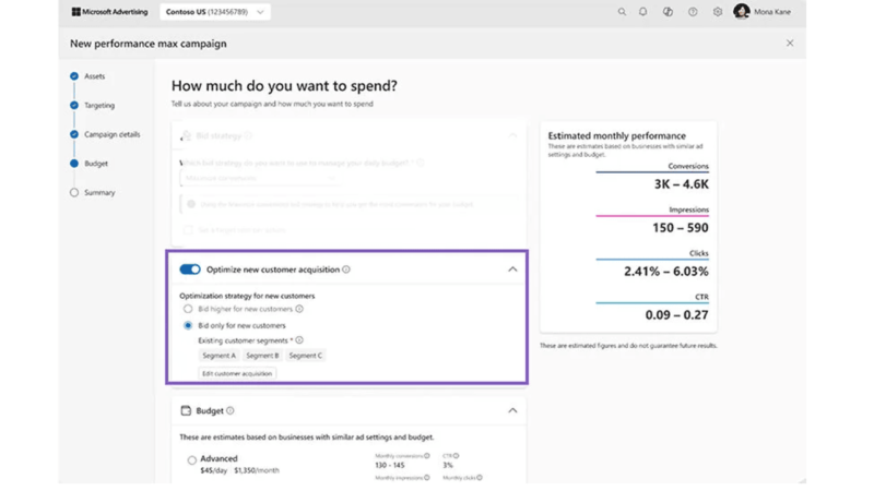 Screenshot of a Microsoft Advertising interface titled "New Performance Max Campaign." It displays options for optimizing new customer acquisition and budget allocation. The page includes estimated monthly conversions, cost metrics, and utilizes advanced reporting tools for precise performance analysis.