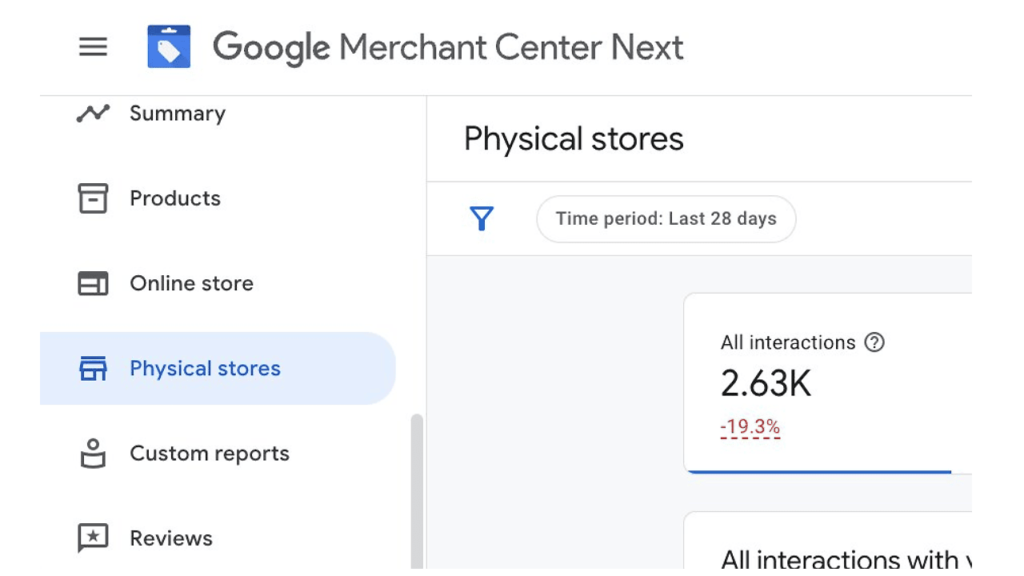 A screenshot showcases the Google Merchant Center Next dashboard's "Physical stores" section, highlighting interactions totaling 2.63K over the last 28 days, marked by a red arrow denoting a 19.3% decrease. The navigation menu features options like Summary and Products.