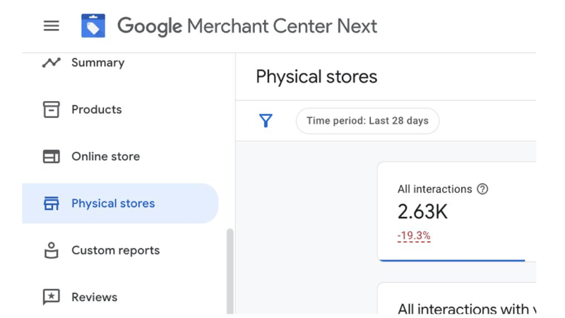 A screenshot showcases the Google Merchant Center Next dashboard's "Physical stores" section, highlighting interactions totaling 2.63K over the last 28 days, marked by a red arrow denoting a 19.3% decrease. The navigation menu features options like Summary and Products.
