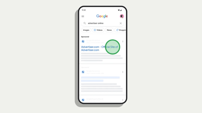 A smartphone displays a Google search results page for the query "advertiser online." The top result, highlighted with a green circle, shows "Advertiser.com - Official Site of Advertiser.com," demonstrating effective use of SEO keywords and Google Ads in capturing user attention.
