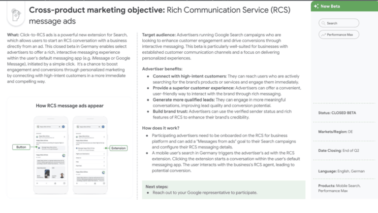 Informational image about beta cross-product marketing using Rich Communication Service (RCS) with Google Ads. It includes details on target audience, advertiser benefits, functioning, and an illustration of how Click-To-RCS message ads appear on mobile.
