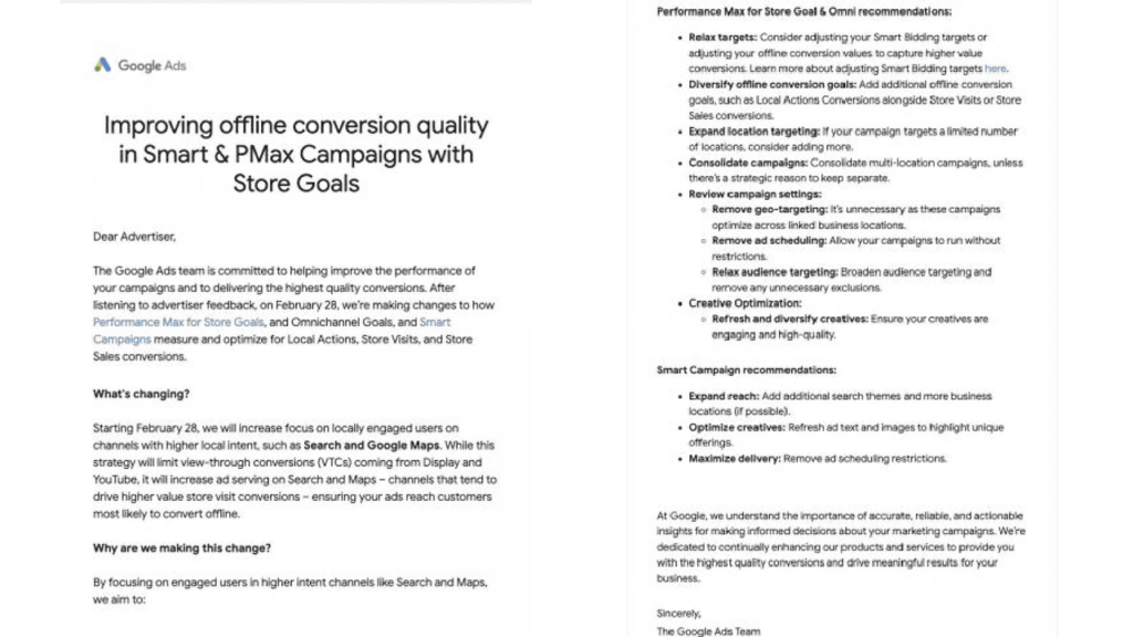 The Google Ads letter outlines enhancements in conversion quality for Smart & PMax Campaigns using Store Goals. It emphasizes leveraging channels like Search and Google Maps starting February 28 to boost local offline conversions.