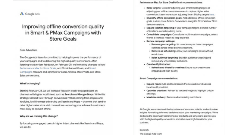 The Google Ads letter outlines enhancements in conversion quality for Smart & PMax Campaigns using Store Goals. It emphasizes leveraging channels like Search and Google Maps starting February 28 to boost local offline conversions.