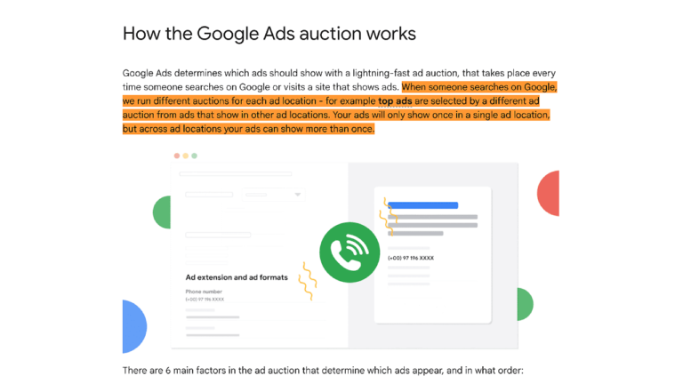 Screenshot of a Google page titled "How the Google Ads auction works." Highlighted text explains that different ads show based on separate auctions for each ad location. Illustrations depict ad extensions, formats, and a sample Google search ad with stars.