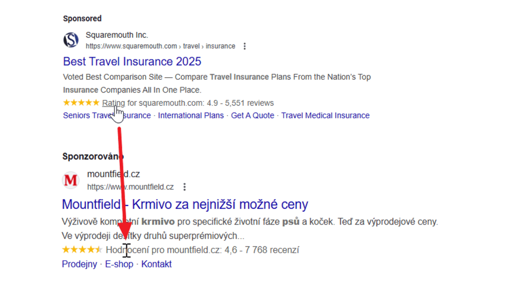 Search result page displaying a sponsored link for "Squaremouth Inc.," highlighting travel insurance options with a 4.9-star rating. Below, a Czech sponsored ad for "Mountfield," focusing on affordable pet food.