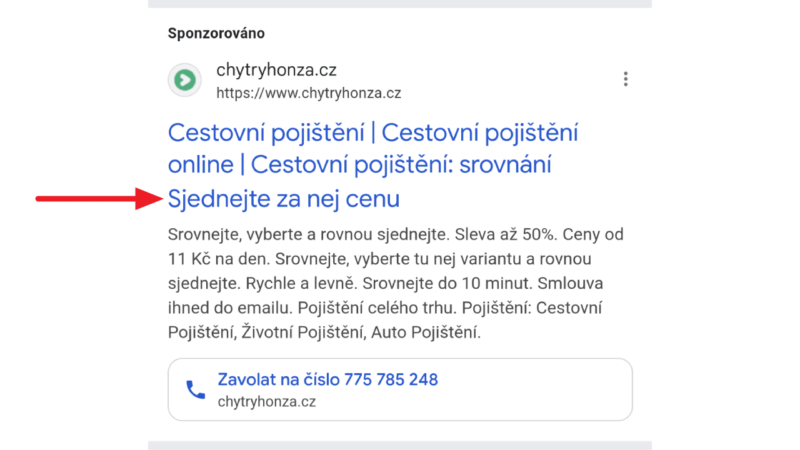 Advertisement for chytryhonza.cz highlighting travel insurance options. Includes comparisons, 50% discounts, and fast processing. Features a contact number and website URL for further information.