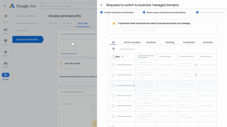 Screenshot of the Google Ads interface highlighting the "Access and security" section. A pop-up to the right lists requests from admins to switch to business-managed domains, indicating seven personal email accounts require action, with tabs for different request statuses.