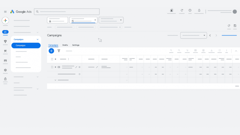 A Google Ads dashboard displays the "Campaigns" section, featuring various buttons and navigation tabs. The large grid shows different campaign metrics, including Video Action Campaigns. On the left, a highlighted plus button invites users to upgrade their demand gen strategies by adding new campaigns.