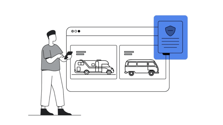 A person holds a smartphone beside a large browser window showcasing images of two different RVs. A blue security badge icon overlays the window, symbolizing protection or verification for those browsing vehicle ads.