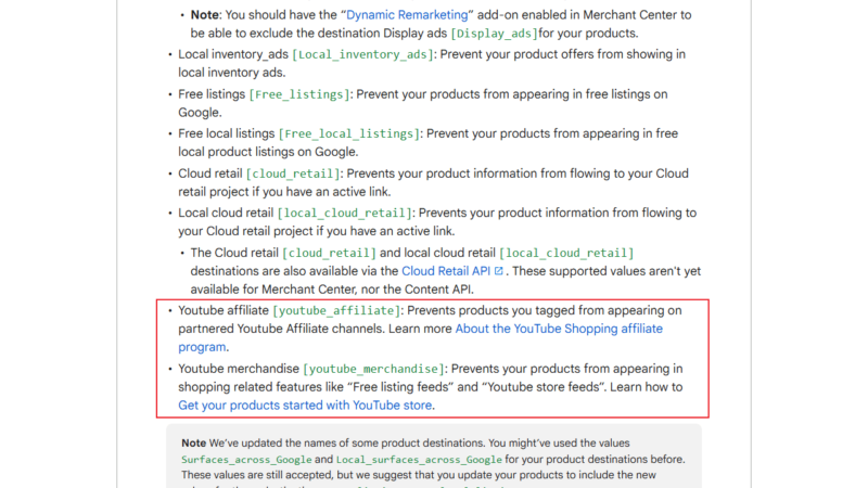 The screenshot details Google Shopping policies, highlighting key points on restrictions for free listings and cloud retail. It also covers YouTube shopping affiliate programs, with a highlighted link for more info about YouTube exclusion options.