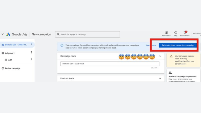 Screenshot of a Google Ads interface displaying a campaign setup page. A prompt in the top right corner suggests switching to a YouTube video conversion campaign. Emojis depicting a worried expression appear under the campaign name "Demand Gen - 2023-06-20.
