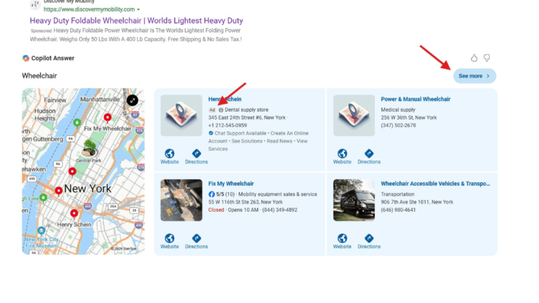 A search result page showing information about wheelchair stores in New York. The map highlights store locations, and listings below provide names, addresses, and contact options. Two red arrows point to the "See more" button on the page.