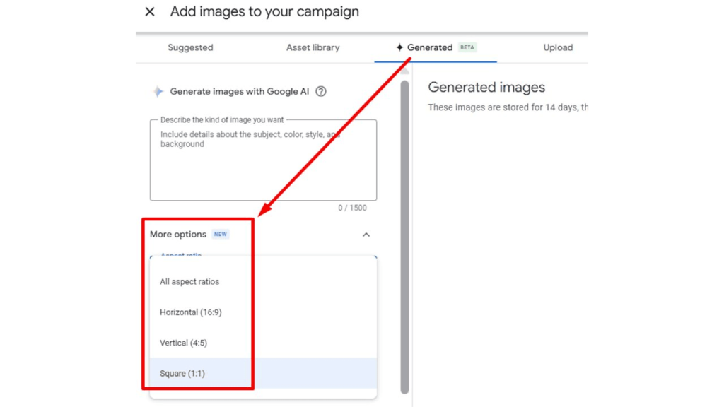 Screenshot of a Google Ads interface displaying the "Generate images with Google AI" feature. A red arrow points to the "More options" menu, where users can select their preferred aspect ratio using the Google Image Generator tool.