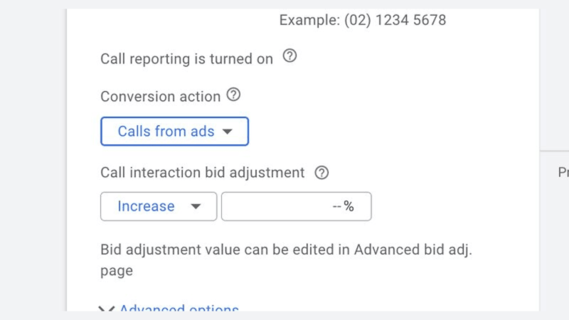 Screenshot of a Google Ads settings page displaying call reporting options. The conversion action dropdown has "Calls from ads" selected, alongside a section for Bid Adjustment on call interaction bids with an "Increase" option and percentage input.