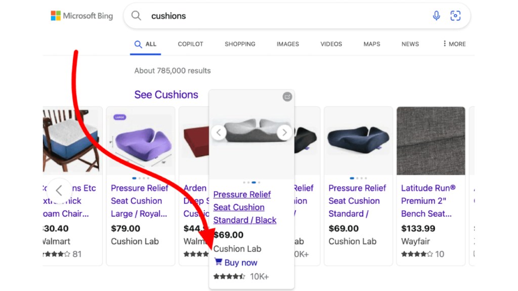 Search results for "cushions" on Bing, showing various seat cushion options with prices and ratings. A red arrow points to a highlighted listing for a gray and black "Pressure Relief Seat Cushion" priced at $69.00 from Cushion Lab.
