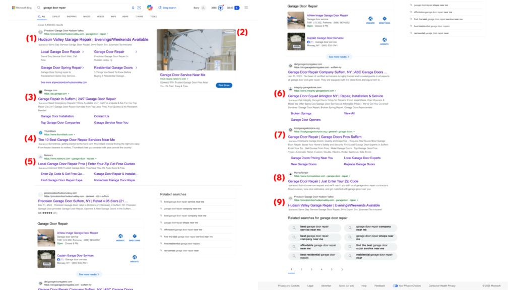 A split-screen image displays search engine results for "garage door repair." On the left is Bing's organic listings, while the right showcases Google Search Ads. Rankings and listings of local businesses are prominently featured in both sections.