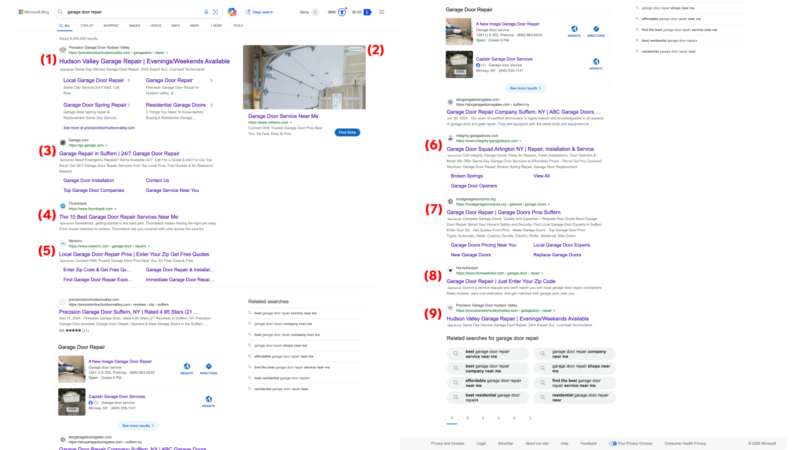 A split-screen image displays search engine results for "garage door repair." On the left is Bing's organic listings, while the right showcases Google Search Ads. Rankings and listings of local businesses are prominently featured in both sections.