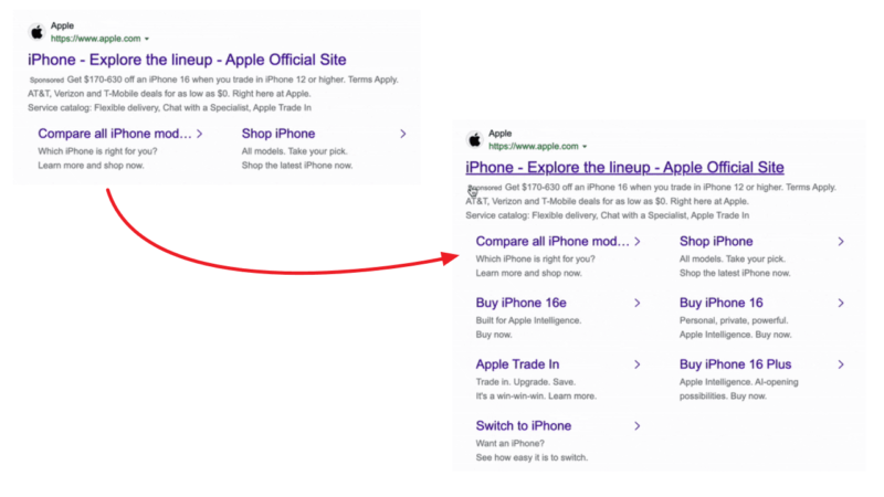 Two images display search results for Apple's iPhone lineup. The left image, resembling Bing's clean interface, offers options like "Compare all iPhone models" and "Shop iPhone." The right image is a larger, automatically expanding version with detailed sitelinks for more information.