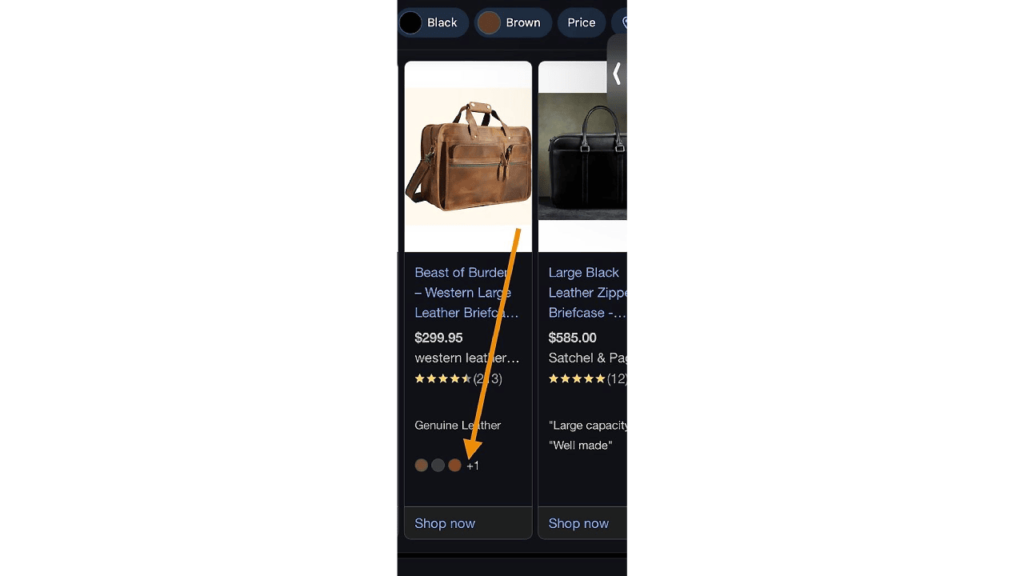 Screenshot of a Google Shopping app displays two briefcases. The first, a brown leather piece, is priced at $299.95 with positive reviews; the second, a large black option, is $685.00 and well-received. An orange arrow hovers below, inviting you to explore further in this color setting display.