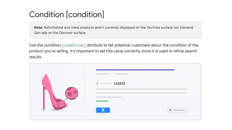 Illustration of a shopping webpage featuring a pink high-heeled shoe with search filters for the Condition Feed Attribute. A note highlights limitations, stating refurbished and used products aren't displayed on YouTube or Demand Gen ads, optimizing visibility through SEO keywords.