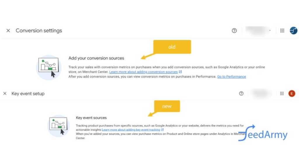 Screenshot showing updates in conversion settings on a website. The old version, labeled "Add your conversion sources," is renamed to the new "Key event sources." Both sections feature descriptions and icons, highlighting improved setup integration with platforms like Google Merchant Center.