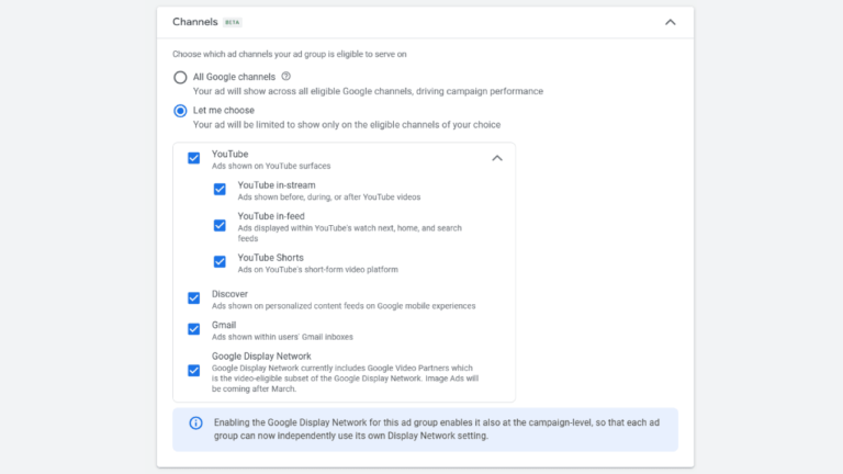 Screenshot of a Google Ads settings page displaying channel options, including YouTube, Discover, and Display Network. With Channel Controls in place, checkboxes allow selection. Some options, like YouTube Shorts and Demand Gen Live campaigns, are pre-checked for convenience.