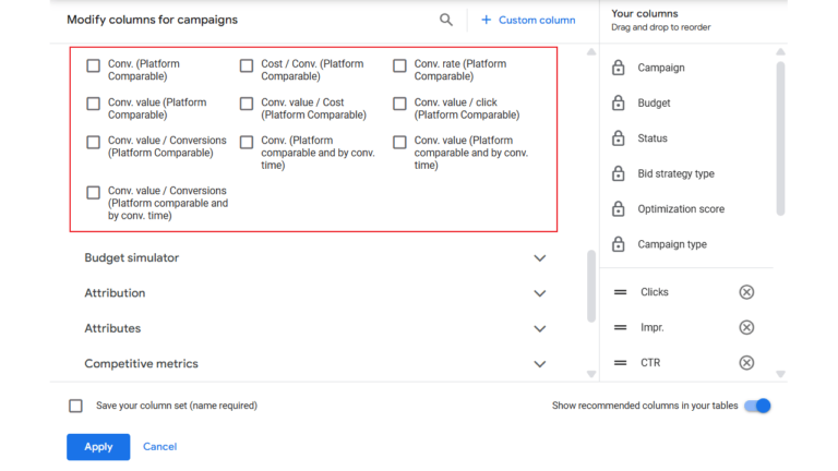 Screenshot of the Google Ads interface displays options to modify conversion columns for campaigns. Options include conversion rate, cost, and value metrics. On the right, user-selected columns like Campaign, Ad group, and Clicks are visible. The Apply button is at the bottom.