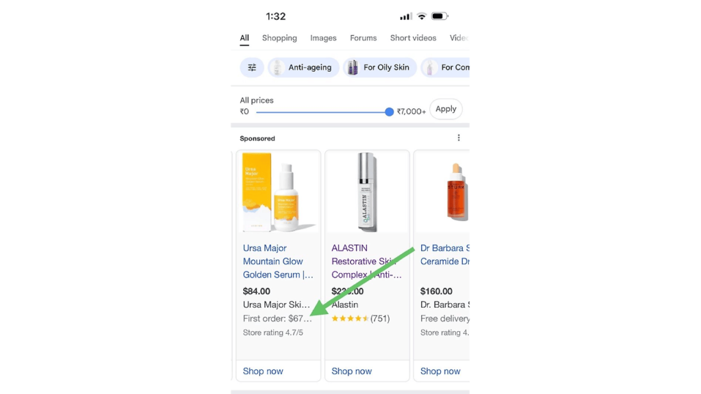 On the search results page for anti-aging, oily skin solutions, discover top picks like Ursa Major Golden Serum and Dr. Barbara Sturm. Compare prices and ratings, with convenient "Shop Now" options. Utilize filters for price and skin type to refine your Google-like browsing experience.