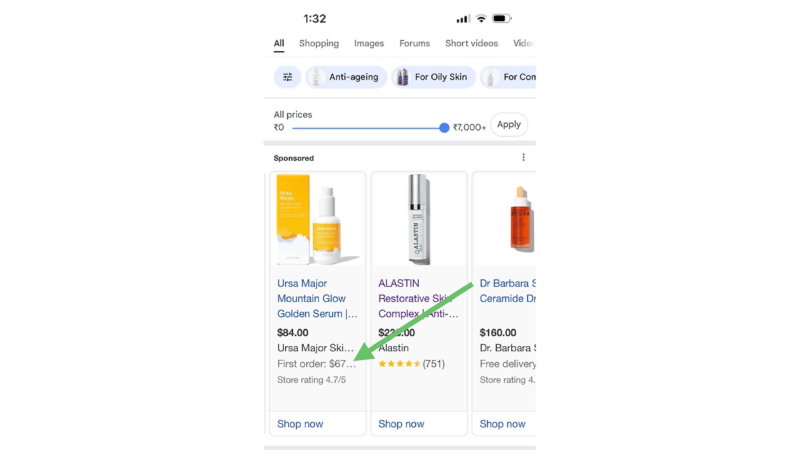 On the search results page for anti-aging, oily skin solutions, discover top picks like Ursa Major Golden Serum and Dr. Barbara Sturm. Compare prices and ratings, with convenient "Shop Now" options. Utilize filters for price and skin type to refine your Google-like browsing experience.
