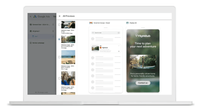 A laptop screen showcases the Google Ads interface with an email ad preview. The ad on the right promotes "FlightBub" and announces, "Time to plan your next adventure" via Google Display Ads, featuring a scenic outdoor image and a "Contact us" button.