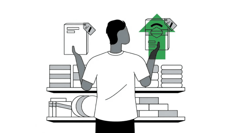Illustration of a person in a store holding two boxed items, comparing them. Shelves in the background display various packaged goods. A green upward arrow overlays one box, suggesting an increase or preference.