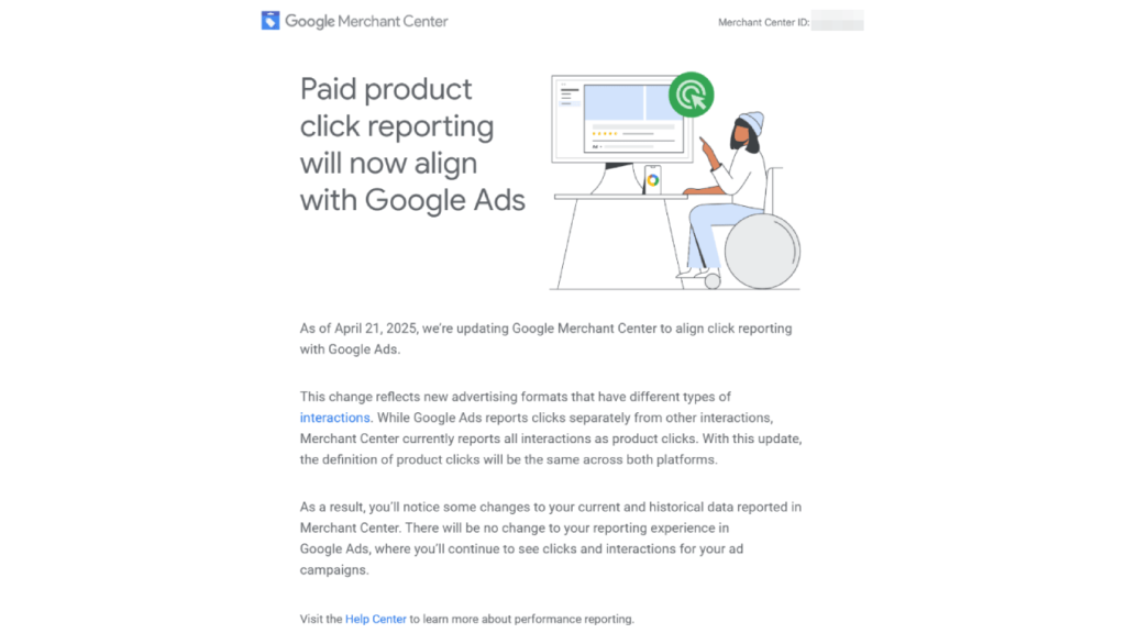 A digital illustration of a woman at her desk using a computer, surrounded by icons and charts, highlights Product Click Reporting updates in Google Merchant Center (GMC) for seamless alignment with Google Ads.