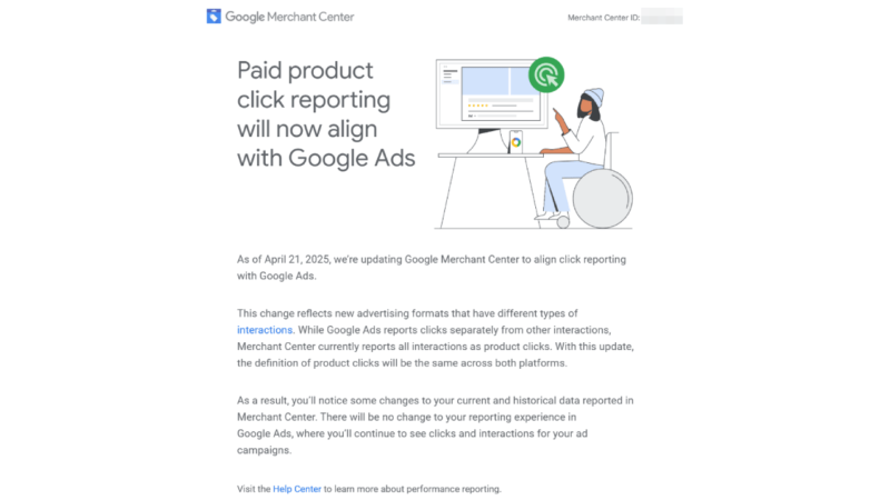 A digital illustration of a woman at her desk using a computer, surrounded by icons and charts, highlights Product Click Reporting updates in Google Merchant Center (GMC) for seamless alignment with Google Ads.