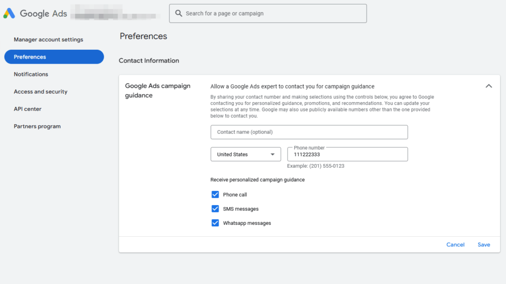Google Ads interface showing the Preferences page for Contact Information. There are fields for contact name, phone number, and country selection. Options include receiving personalized campaign guidance via phone call, SMS, and WhatsApp.