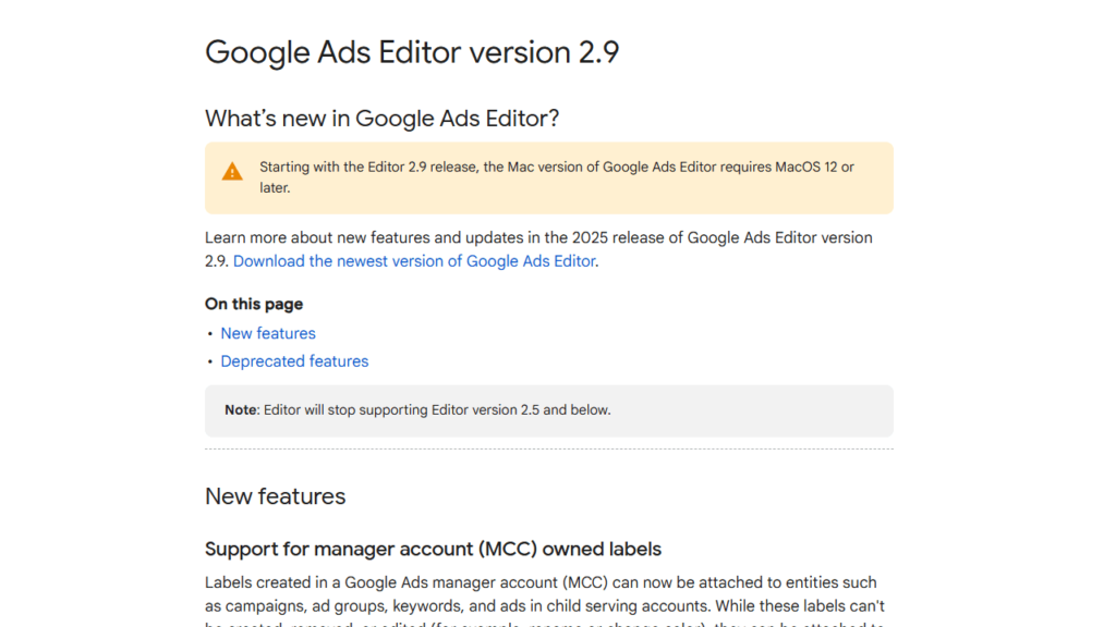 Screenshot of the Google Ads Editor update version 2.9 webpage, showcasing new features like MacOS 12 or later compatibility. It includes a downloadable link and details on new and deprecated features, with a note about ending support for version 2.5.