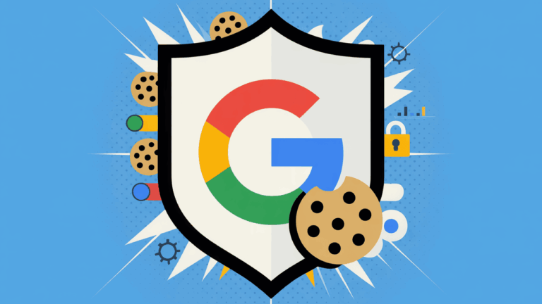 A large shield with the Google logo in the center, surrounded by digital icons and cookie symbols, represents online privacy and data protection. The blue background features subtle graphics inspired by Google's Consent Mode for enhanced security.