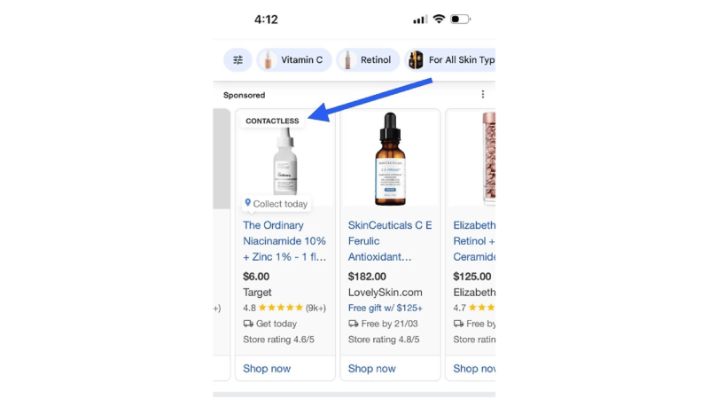 A screenshot of a product listing for skincare items showcases "The Ordinary Niacinamide 10% + Zinc 1%," priced at $6.00 from Target. Featuring a sleek shopping label, the list includes serums priced at $182.00 and $13.99 from various retailers, emphasizing contactless shopping convenience.