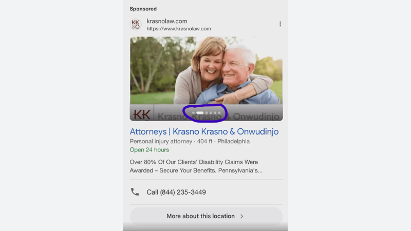 Elderly couple embracing happily in a serene outdoor setting, featured in an image carousel. Sponsored ad for Krasno Krasno & Onwudinjo law firm, specializing in personal injury claims. Contact details and office hours visible for those seeking experienced legal assistance.
