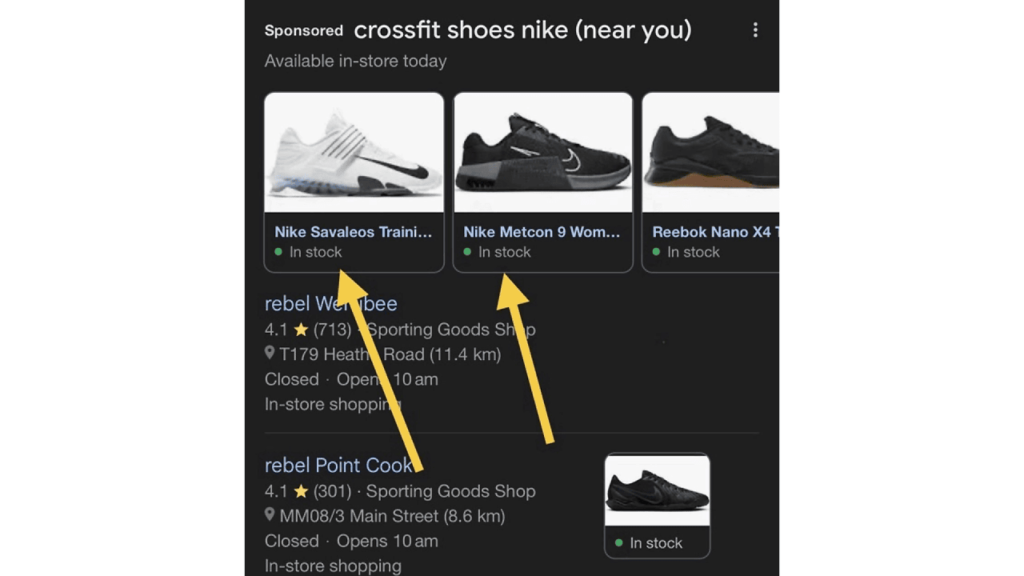 Screenshot showcasing a Google search for "crossfit shoes nike" with three listings under Google Shopping. Two yellow arrows highlight the availability of Nike Savaleos Trainers and Nike Metcon 9, emphasizing their in-stock status at nearby stores.