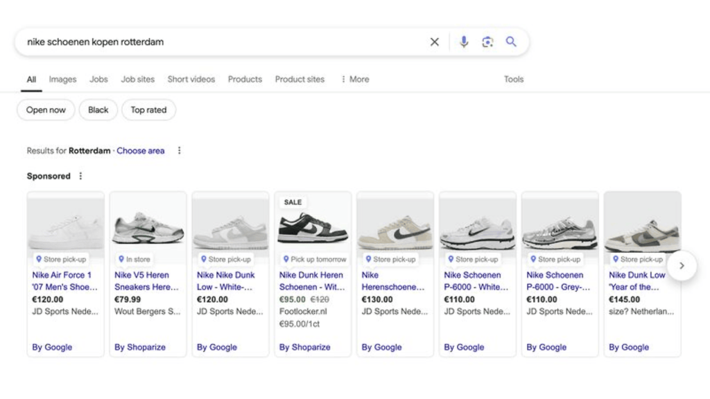The Google search page displays results for "nike schoenen kopen rotterdam," featuring tabs like All and Images. Scrolling down, image results showcase various Nike shoes with prices and links for easy shopping searches, including options for local store pick-ups.