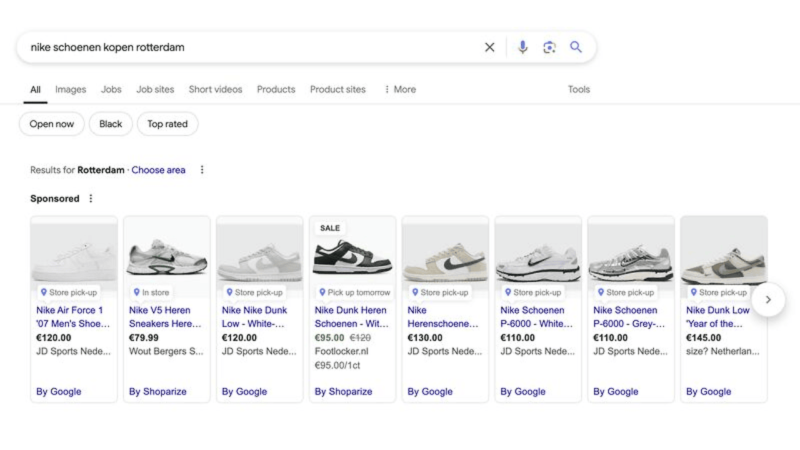 The Google search page displays results for "nike schoenen kopen rotterdam," featuring tabs like All and Images. Scrolling down, image results showcase various Nike shoes with prices and links for easy shopping searches, including options for local store pick-ups.