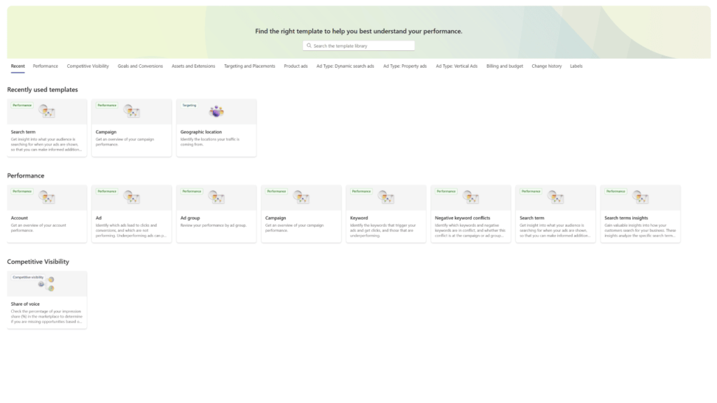 Screenshot of a webpage showing a template library interface. The page has sections for recently used templates, performance, and competitive visibility. Each section contains template cards with icons and titles related to performance metrics.