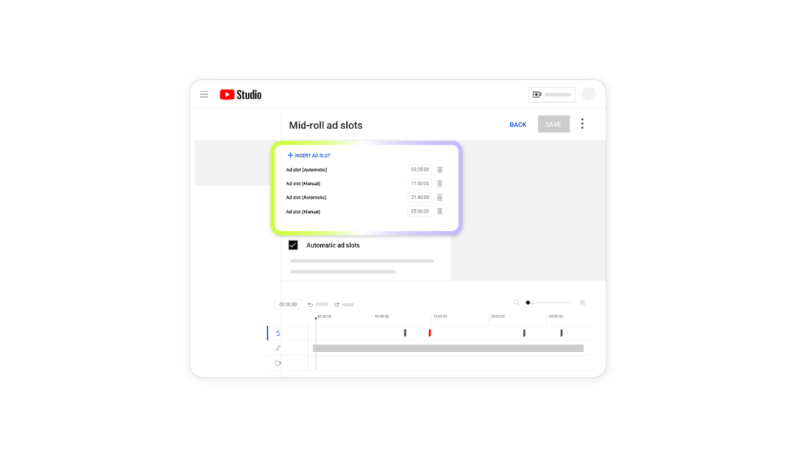 Screenshot of a YouTube Studio page featuring the "Mid-roll ad slots" section. The revamp includes a list with timestamps: 3:00, 5:20, 7:10, and 10:05 on the left. On the right, a sleek video timeline displays marked ad slots with an option to save changes effortlessly.